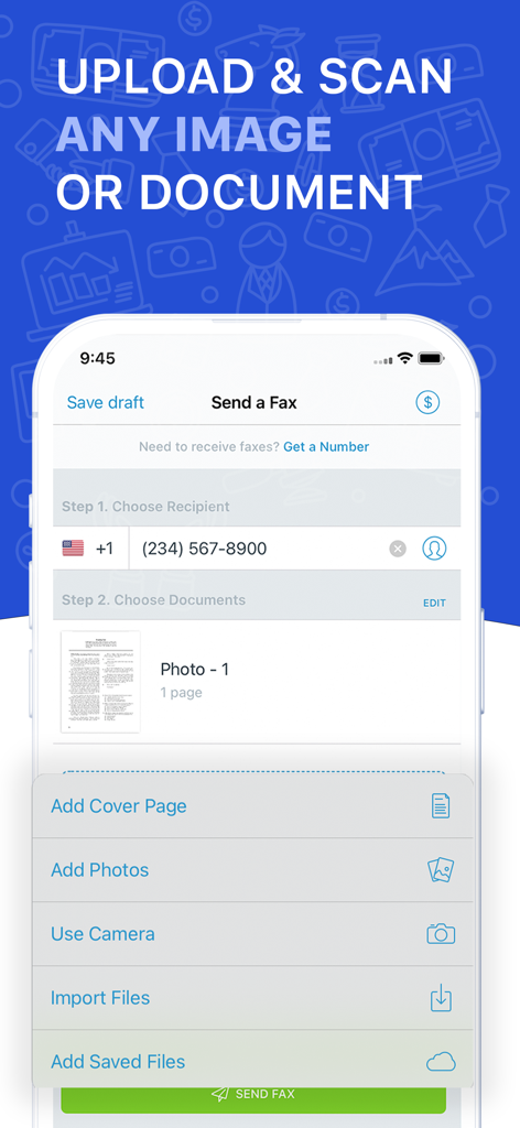 FAX for iPhone: Send & Receive - Screenshot of the FAX for iPhone app showing options to upload and scan documents for faxing.