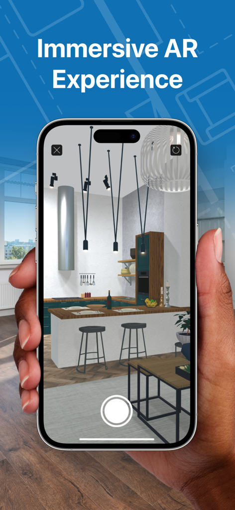 Écran de smartphone montrant un design d'intérieur de cuisine en 3D en réalité augmentée