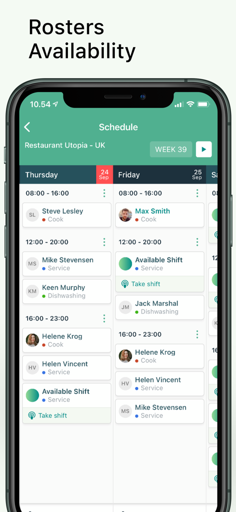 Smartplan mobile app interface showing a restaurant work schedule with employee shifts and available shifts to take.
