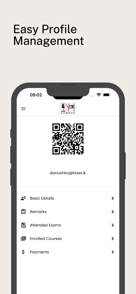 ISH Campus App Bildschirm zur Verwaltung des Schülerprofils mit QR-Code und Menüoptionen.