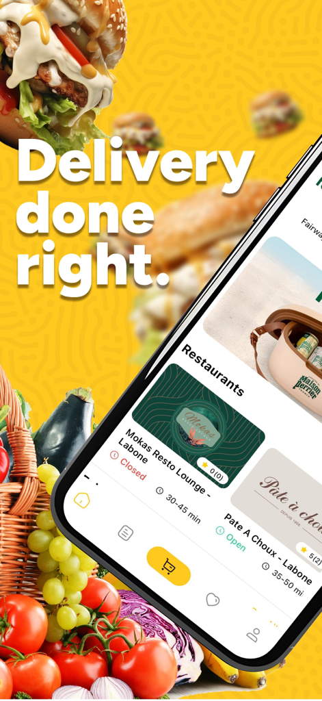 Interfaz de la aplicación Ryno Delivery mostrando listados de restaurantes y opciones de entrega de alimentos frescos