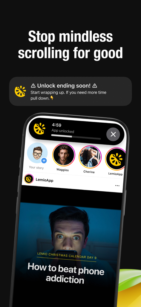 Lemio: Lock In Screen Time - Smartphone screen showing Lemio app notification overlay on social media feed with the headline Stop mindless scrolling for good
