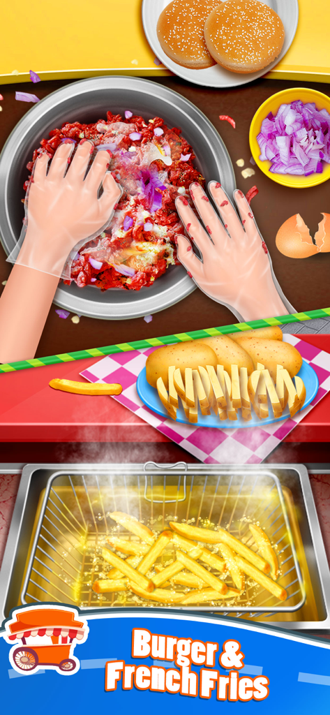 Food Games: Street Cooking - Interactive cooking game showing burger meat preparation and deep frying french fries.