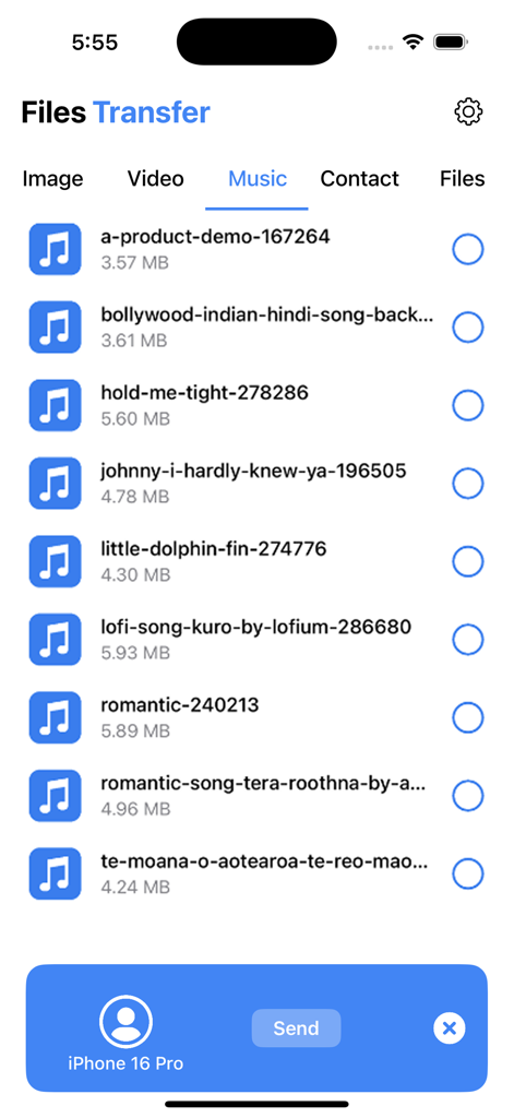 ShareMe: Fast File Share - Pantalla de transferencia de música en la aplicación ShareMe mostrando una lista de archivos de audio y un botón de enviar