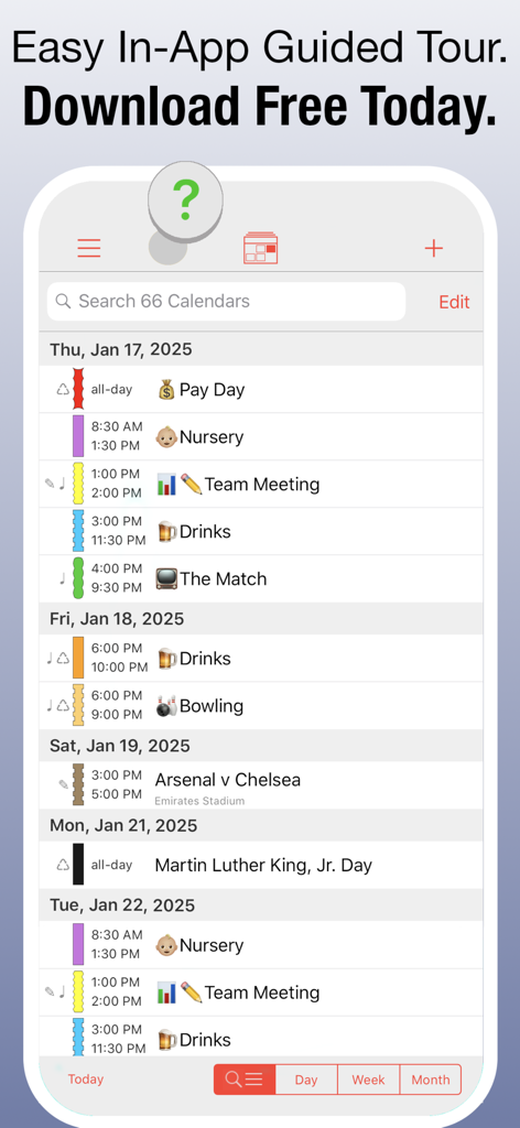 PocketLife Calendar - Vista agenda di PocketLife Calendar che mostra i prossimi eventi e appuntamenti giornalieri