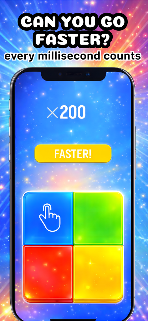 Buttons • Reaction time Game - Mobile phone screen showing a reaction time game with four colorful buttons and a speed multiplier.