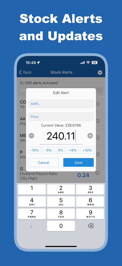 GuruFocus - Interface do aplicativo móvel GuruFocus mostrando a configuração de um alerta de preço de ação para a AAPL