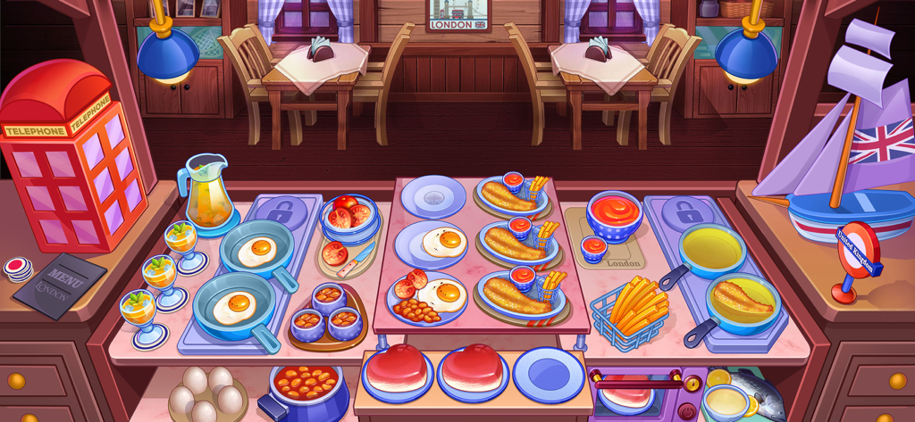 A cooking level in Kitchen Crush featuring a London themed restaurant serving fish and chips and fried eggs.