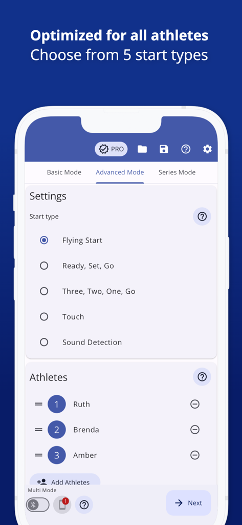 Photo Finish: Automatic Timing - Paramètres du mode avancé dans l'application Photo Finish montrant cinq types de démarrage de chronométrage différents et une liste de gestion des athlètes.