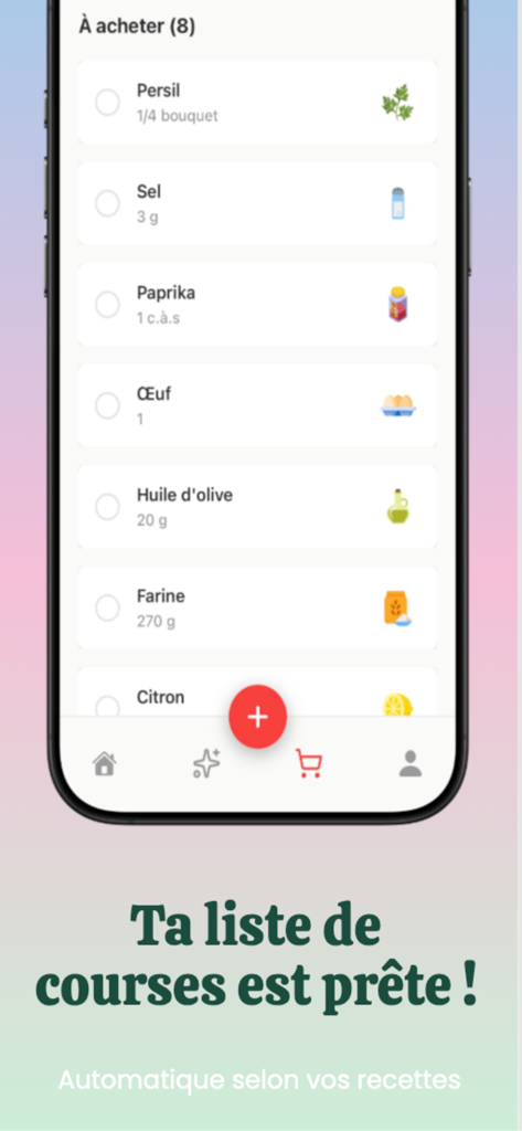 Oshii : Recettes des réseaux - Mobile interface of Oshii app displaying an automated shopping list with various cooking ingredients