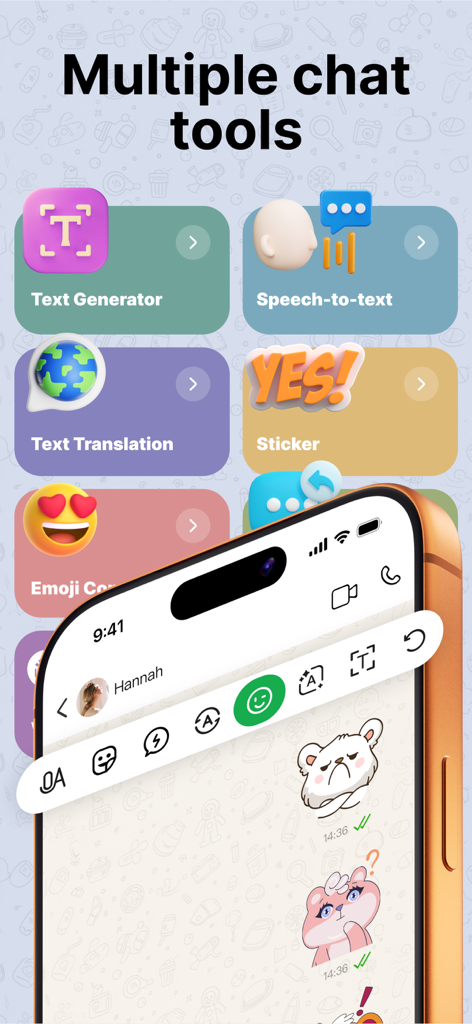 Dual Web Chat WAPP - Interfaz de la aplicación móvil Dual Web Chat WAPP mostrando varias herramientas de chat como Generador de Texto y Voz a Texto