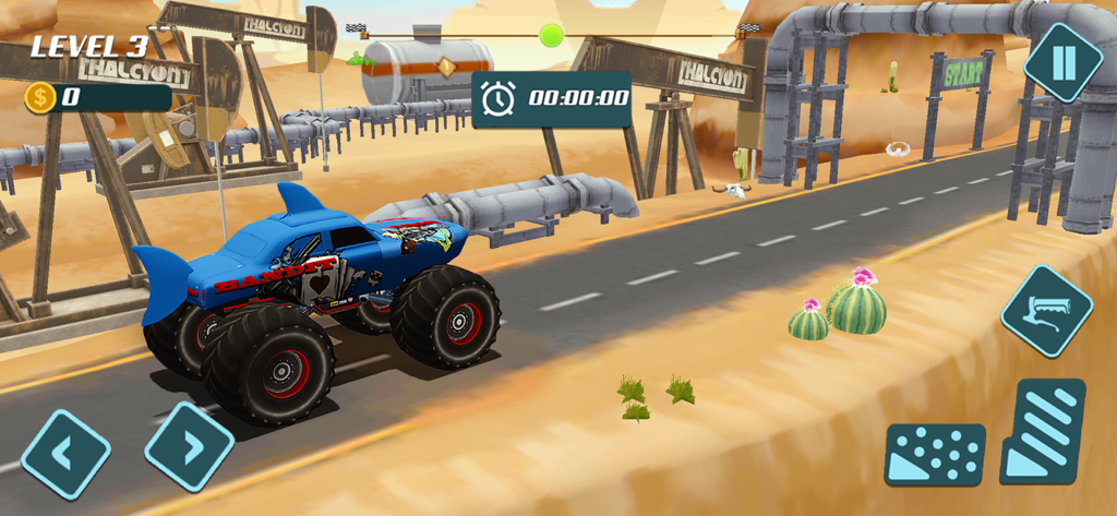 Xtreme Monster Truck Car Race - Blue bandit monster truck at the starting line of a desert race track