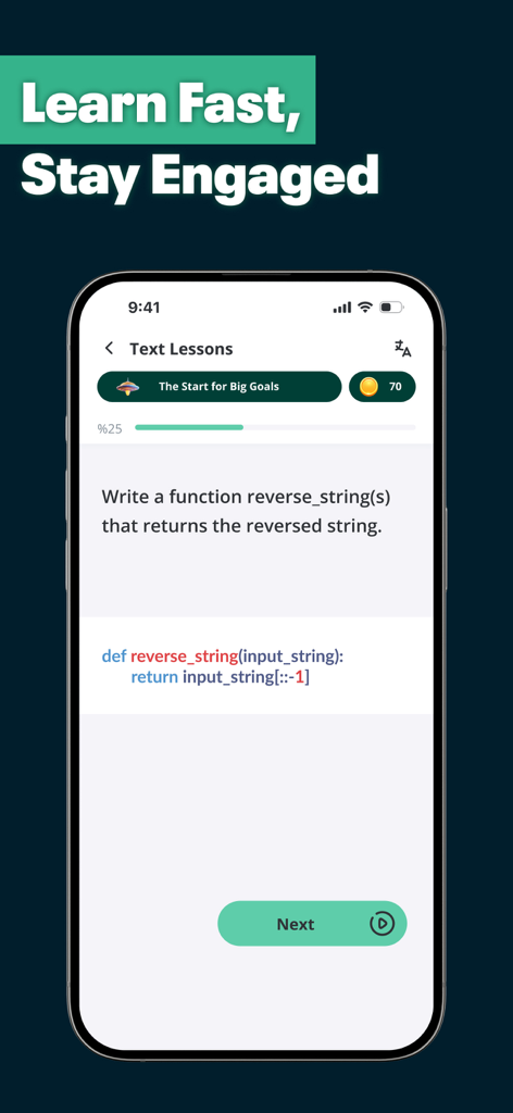 Learn Python・Ocean－AI Compile - A mobile app screenshot showing an interactive Python coding lesson for writing a string reversal function.