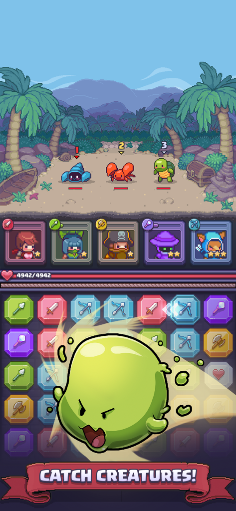 Match Land: Puzzle RPG - Match Land Puzzle RPG match 3 battle screen showing heroes catching pixel art creatures.