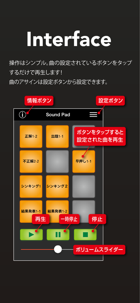 재생 및 볼륨 컨트롤이 있는 사운드보드 그리드를 보여주는 SoundPad 앱 인터페이스