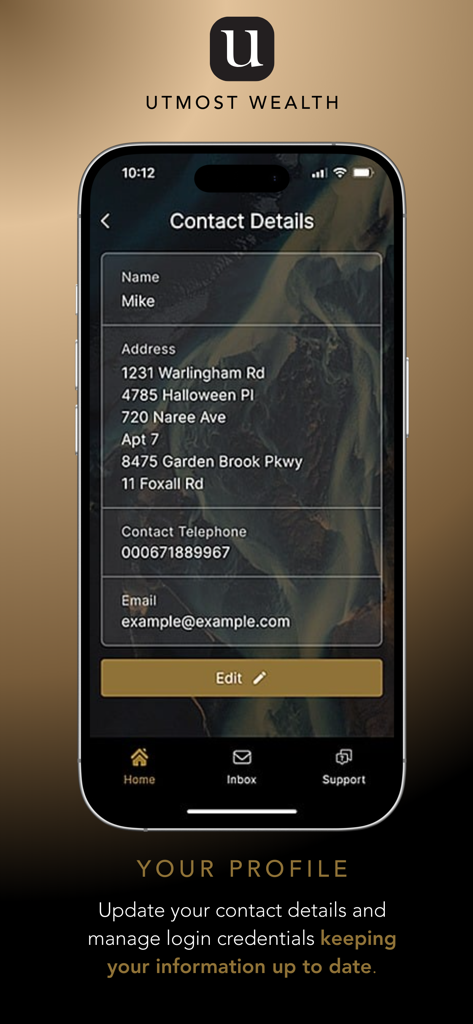 User profile interface in the Utmost Wealth app for managing contact details