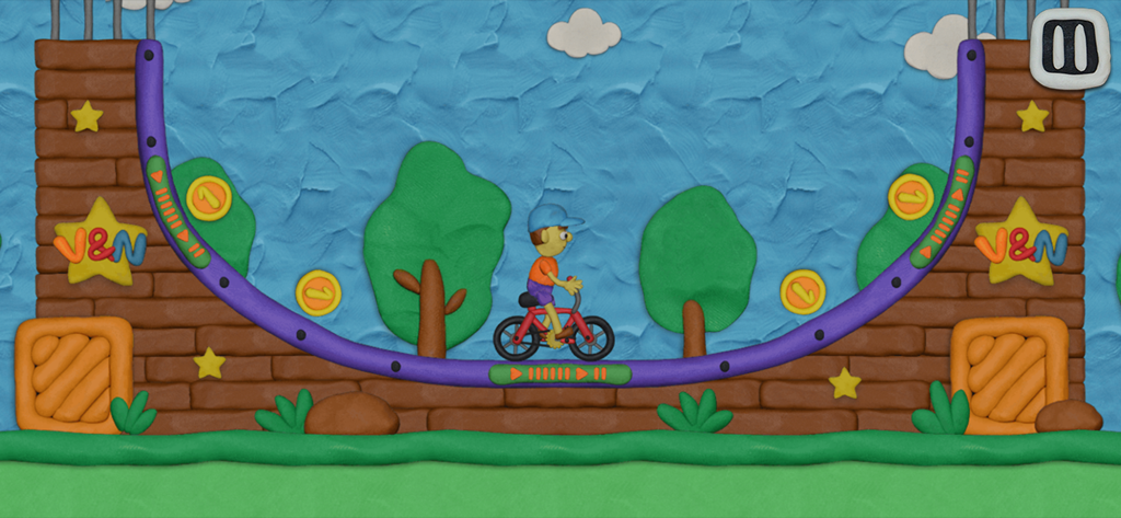 Un personaje de Vlad y Niki montando en bicicleta en un minijuego de parque de patinetas de plastilina.