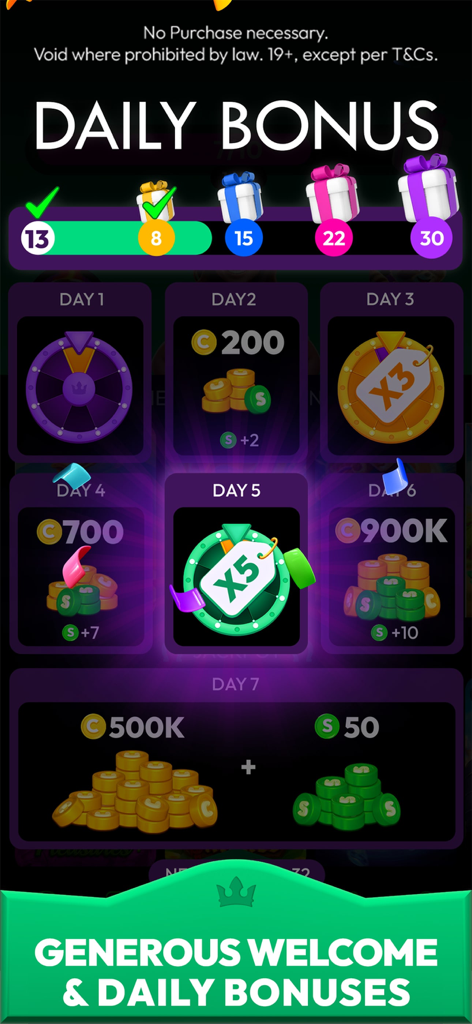 CrownCoins Casino mobile app screenshot showing the daily login bonus calendar with rewards like coins and multiplier wheels.