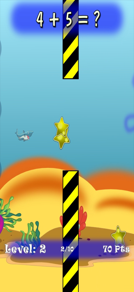 Fish Math Trainer - Gameplay of Fish Math Trainer showing a fish navigating obstacles while solving an addition problem.