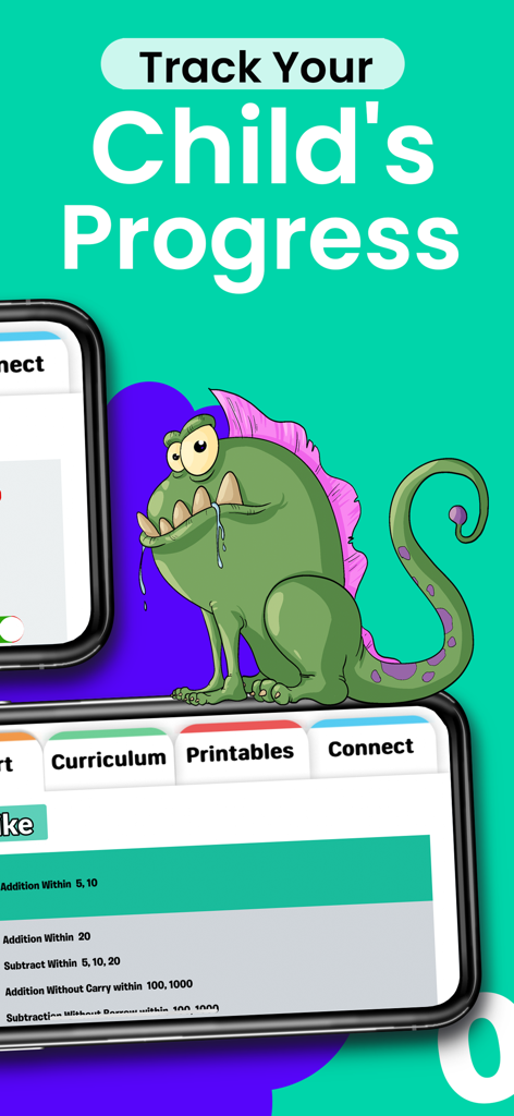 Monster Math : Kids Fun Games - Monster Math app interface showing progress tracking features and educational curriculum details