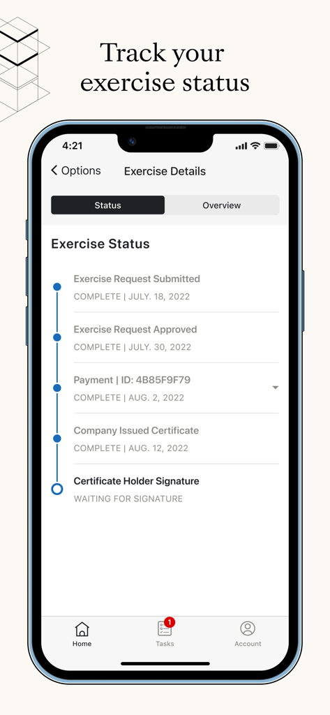 Carta - Manage Your Equity - Interface of the Carta mobile app displaying a timeline for tracking stock option exercise status