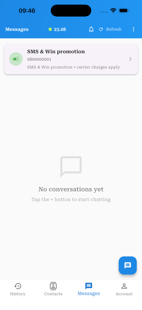 Taura - Empty messages inbox screen of the Taura app featuring a promotion banner and navigation menu