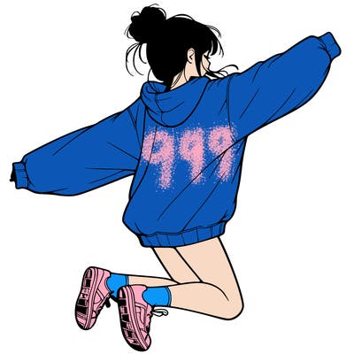 realistic girl jumping with a bun and oversized sweatshirt