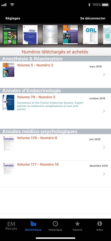 EM Revues app interface showing a library of French medical journals and research articles.