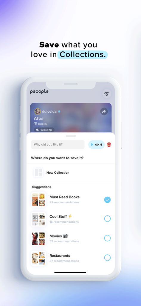 Peoople - Peoopleアプリのインターフェースを表示するスマートフォン。本や映画などのキュレーションされたコレクションに、おすすめ情報を保存しています。