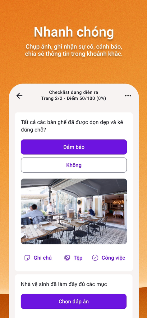 Tela do aplicativo Supa mostrando uma lista de verificação digital para gerenciamento de instalações com uma foto de restaurante