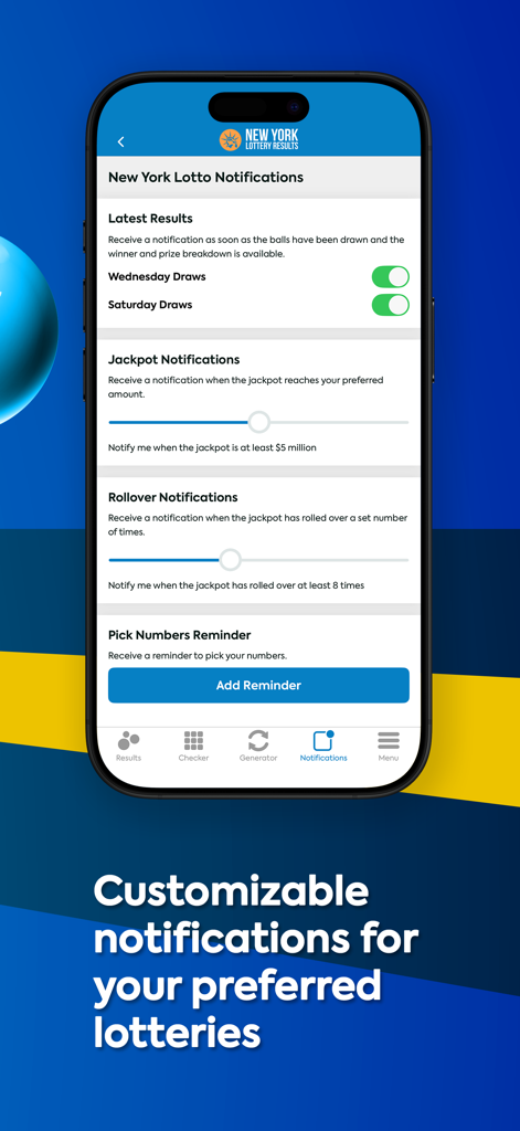 NY Lotto Results - NY 로또 결과 앱의 맞춤 설정 가능한 복권 알림 화면