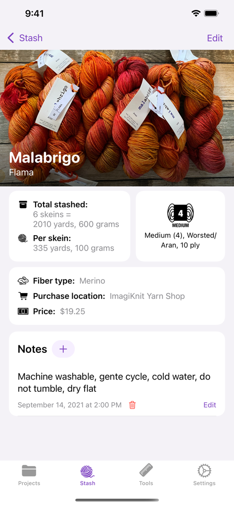 YarnBuddy app screen showing detailed yarn inventory and stash management with photos and specs.