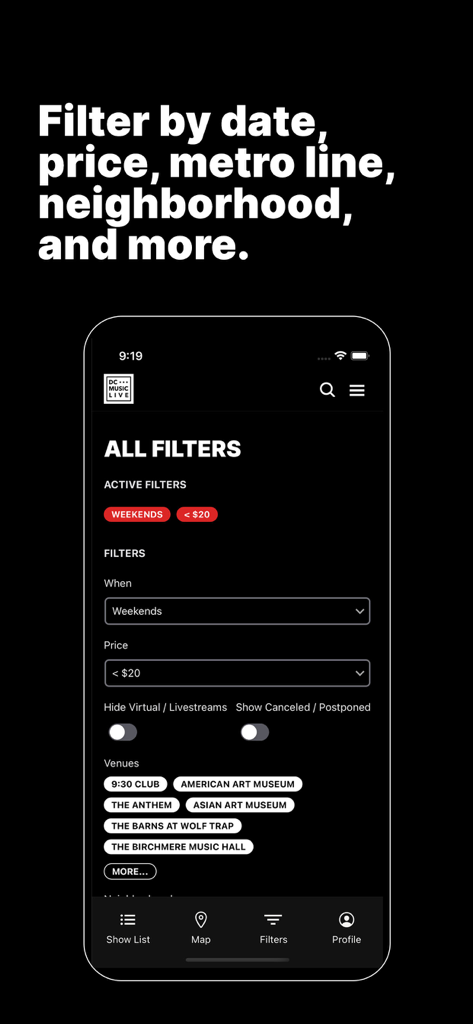 DC Music Live app screen showing filters for date, price, and local venues in the DMV area.
