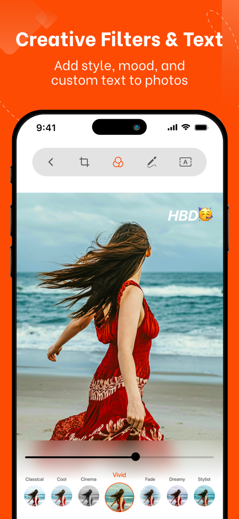 Photo Retouch Remove Objects - Tela do iPhone exibindo filtros criativos e sobreposição de texto personalizada em uma foto de praia