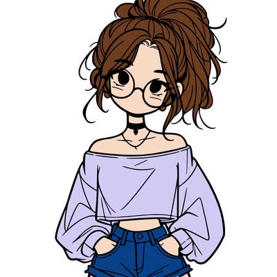 girl with a messy ponytail glasses a baggy crop top and jean shorts