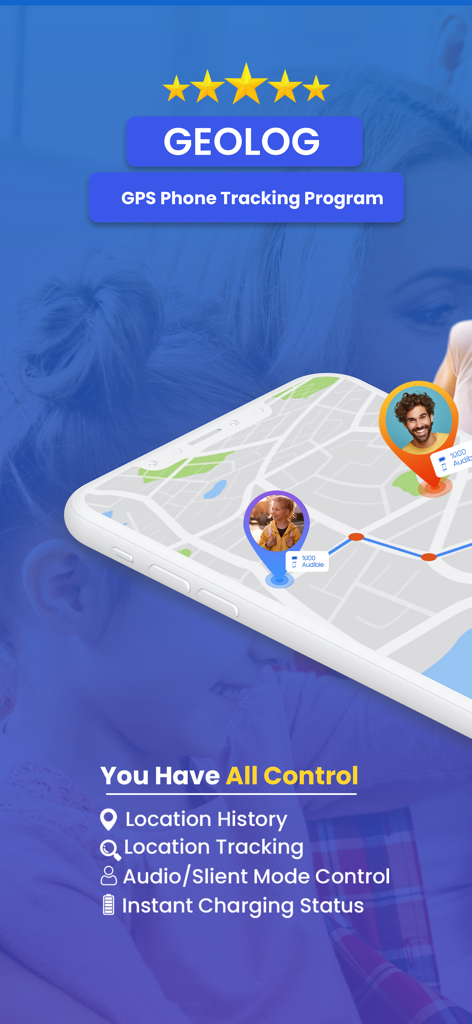 GeoLog app interface on a smartphone showing real-time GPS tracking on a map with family member locations and safety features.