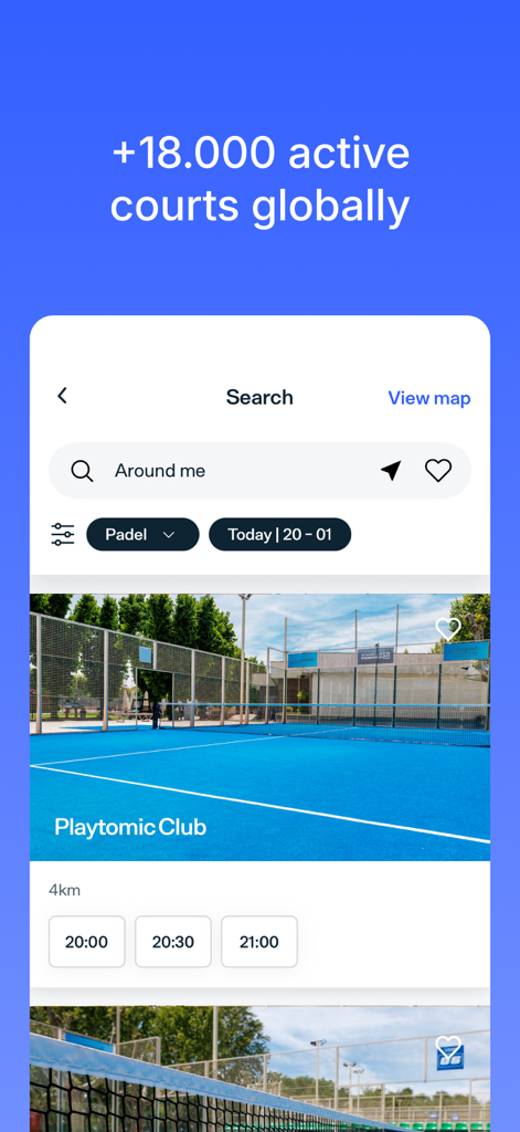 Playtomic - Padel & pickleball - Interfaccia dell'app mobile Playtomic che mostra i risultati della ricerca di campi da padel e gli orari di prenotazione disponibili