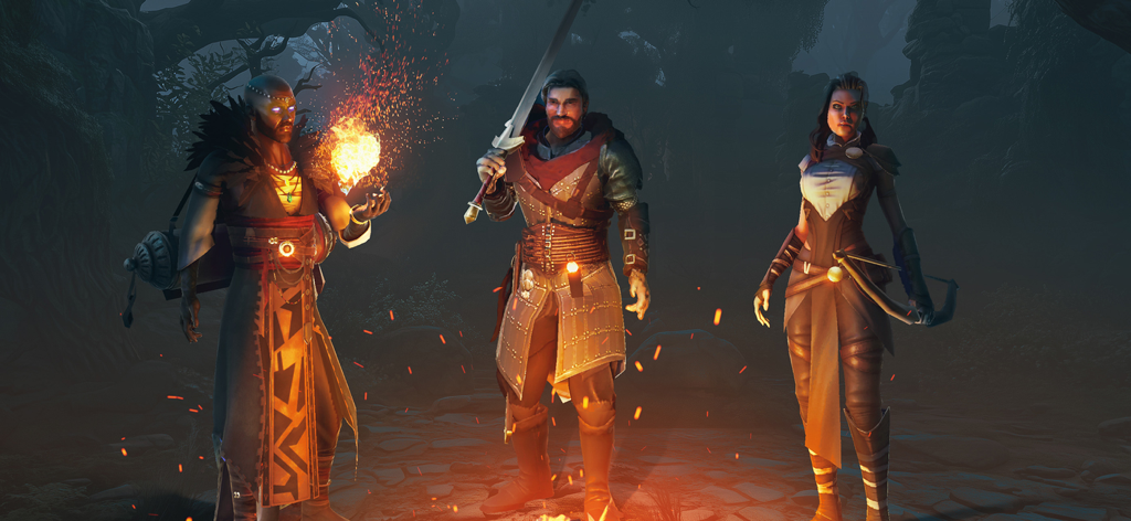 Shadowborn - Three fantasy hero classes standing around a campfire in the game Shadowborn