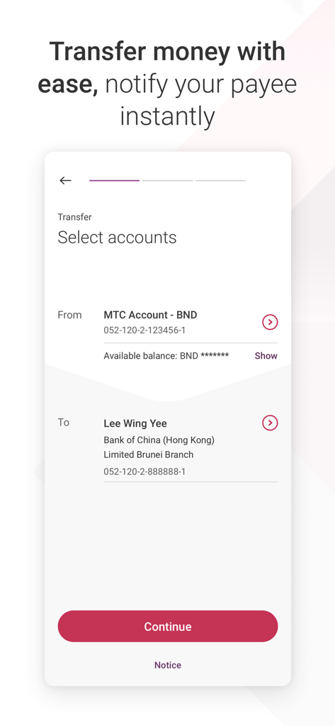 BOCHK Brunei - Mobile interface of BOCHK Brunei app for selecting accounts to transfer money