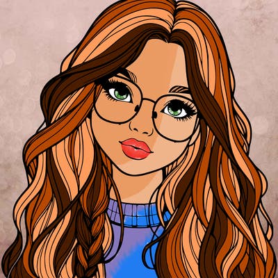 girl with long hair and freckles and glasses realistic