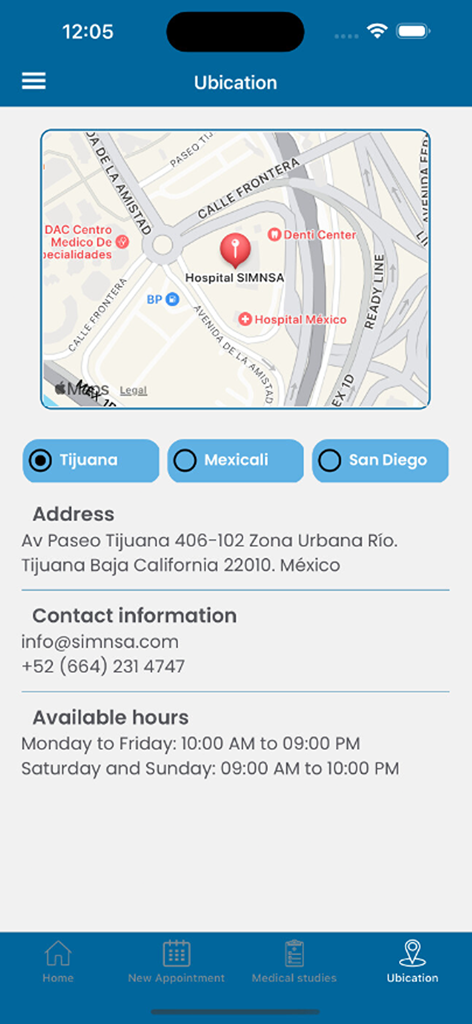 SIMNSA app location screen showing hospital address and map in Tijuana