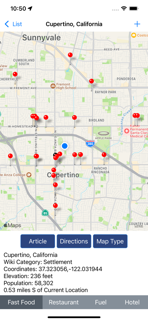 WikiPal USA App-Karte mit geocodierten Wikipedia-Standorten in Cupertino, Kalifornien, mit Standortdetails