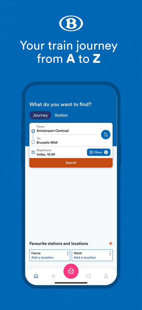 Interfaccia dell'app mobile SNCB per la ricerca di viaggi in treno da Anversa a Bruxelles