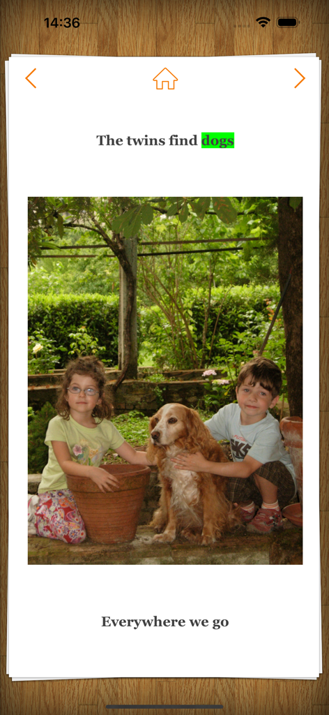 Pictello Visual Stories - A visual story page in Pictello featuring a photo of children with a dog and word highlighting for literacy support