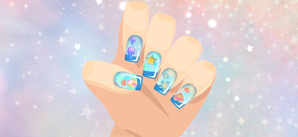 Makeup Games: Beauty Princess - A hand with colorful decorated nails featuring stickers of unicorns stars and hearts in a princess beauty game