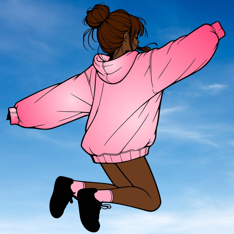 realistic girl jumping with a bun and oversized sweatshirt