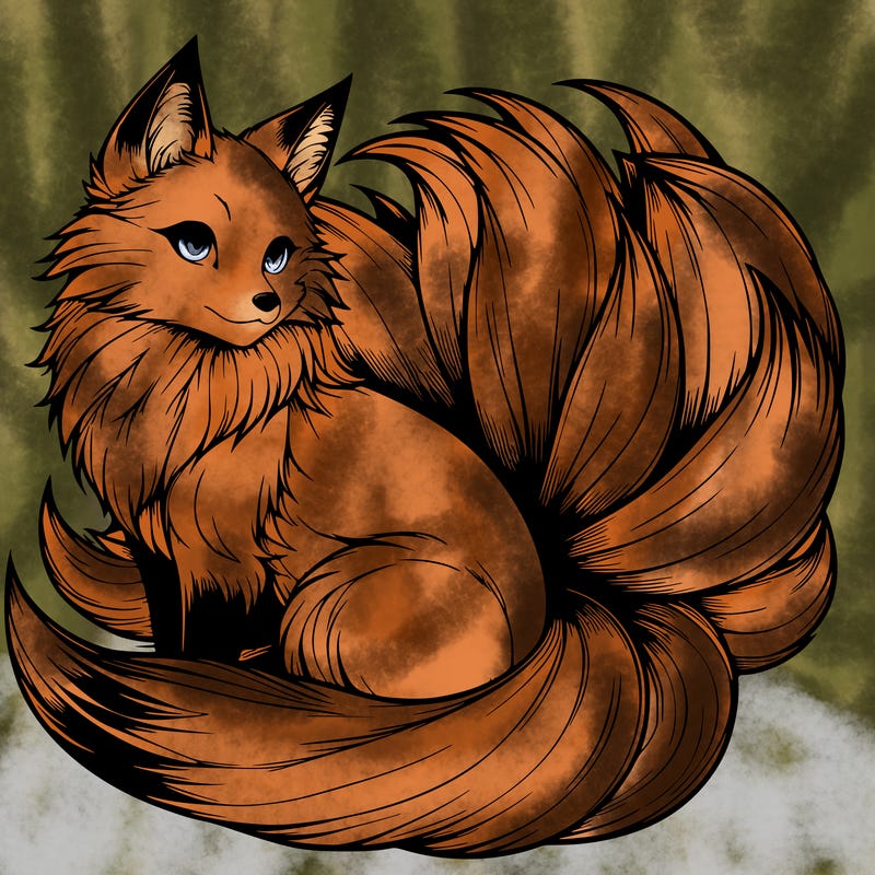 realistic detailed 9 tailed anime fox