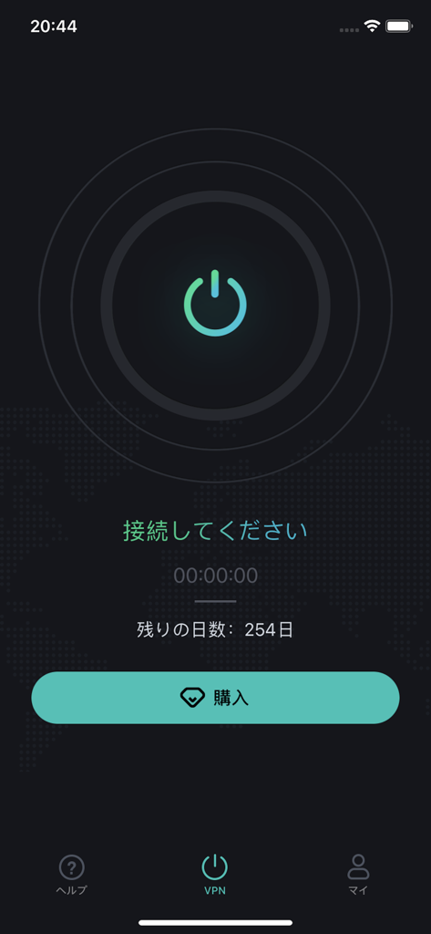 Main connection screen of RakuLink VPN app showing the connection button and remaining subscription days in Japanese