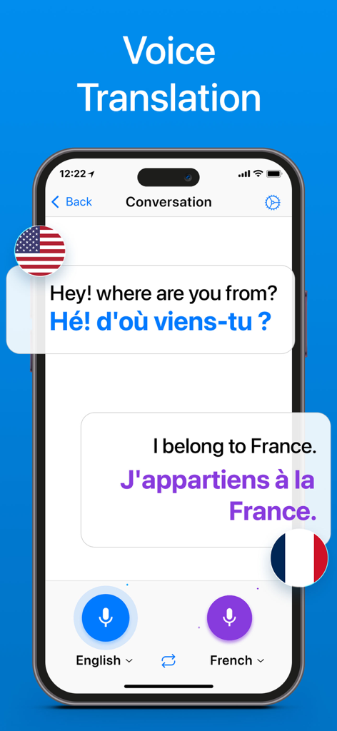 Una interfaz móvil que muestra la traducción de voz en tiempo real entre inglés y francés durante una conversación.
