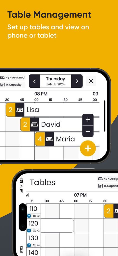 Oberfläche der Carbonara App, die das Tischmanagement des Restaurants und die Gästereservierungszeitleiste auf einem Smartphone anzeigt.